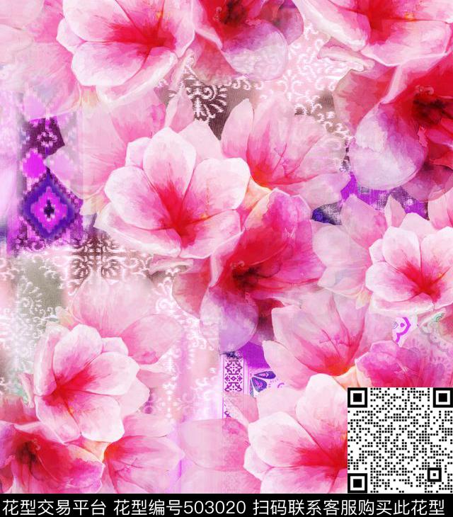 流行时尚幻彩复古花卉欧美数码印花华亿平台下载（图片编号: 503020） - 瓦栏（Walan）