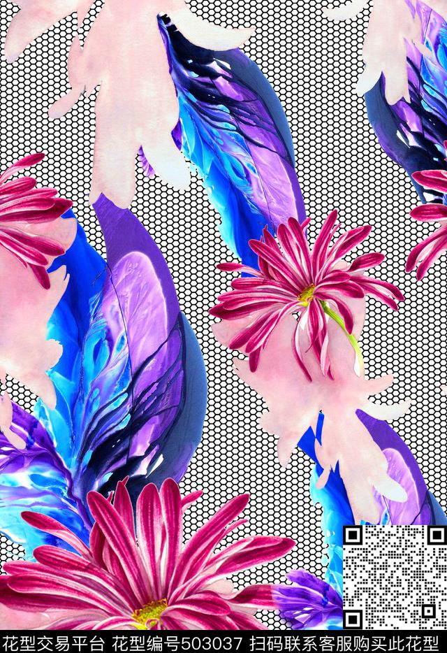 流行时尚欧美手绘流墨菊花几何网纹花卉数码印花华亿平台下载（图片编号: 503037） - 瓦栏（Walan）