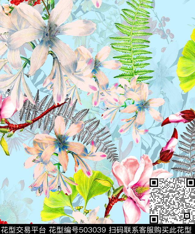 流行时尚手绘复古花卉欧美数码印花华亿平台下载（图片编号: 503039） - 瓦栏（Walan）