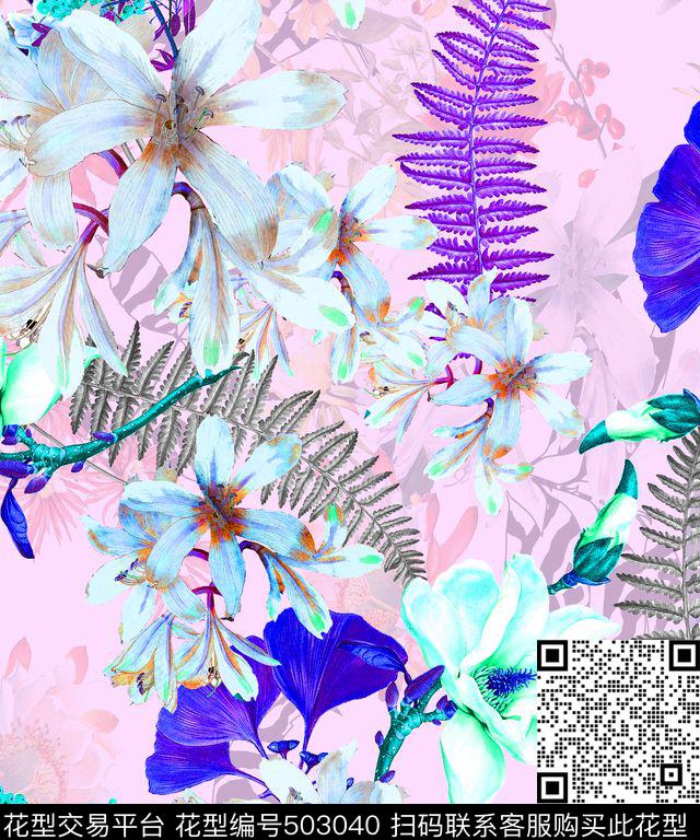 流行时尚手绘复古花卉欧美数码印花华亿平台下载（图片编号: 503040） - 瓦栏（Walan）
