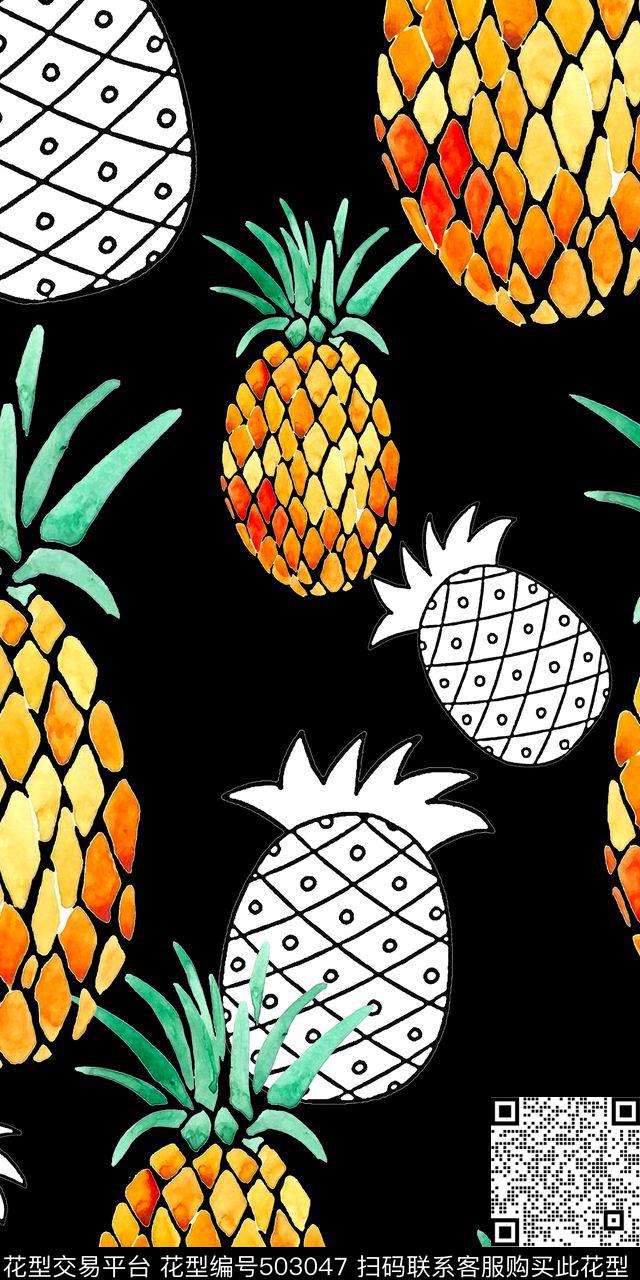 流行时尚手绘线条菠萝欧美数码印花华亿平台下载（图片编号: 503047） - 瓦栏（Walan）