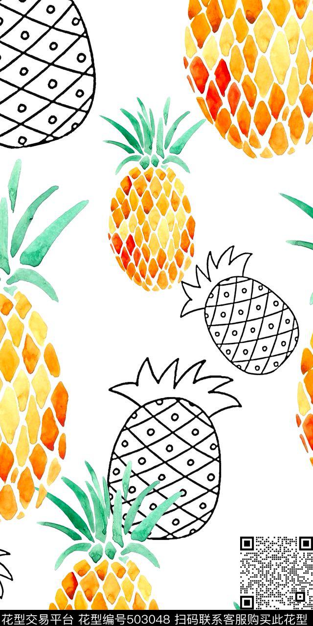 流行时尚手绘线条菠萝欧美数码印花华亿平台下载（图片编号: 503048） - 瓦栏（Walan）