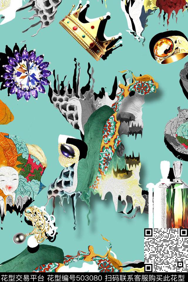 抽象珠宝皇冠数码印花华亿平台下载（图片编号: 503080） - 瓦栏（Walan）