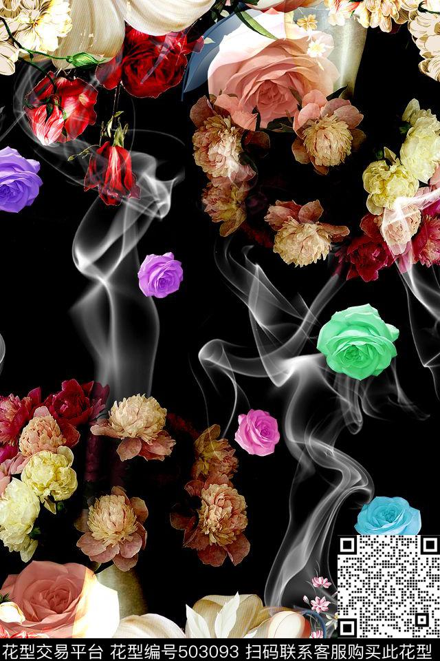 流行时尚花卉烟雾女士衬衫长裙数码印花华亿平台下载（图片编号: 503093） - 瓦栏（Walan）