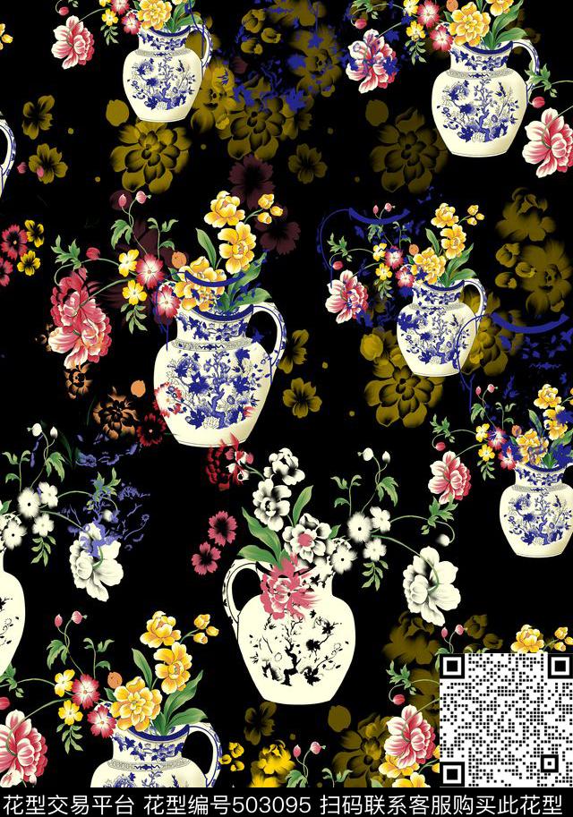 中国风青花瓷花卉数码印花华亿平台下载（图片编号: 503095） - 瓦栏（Walan）