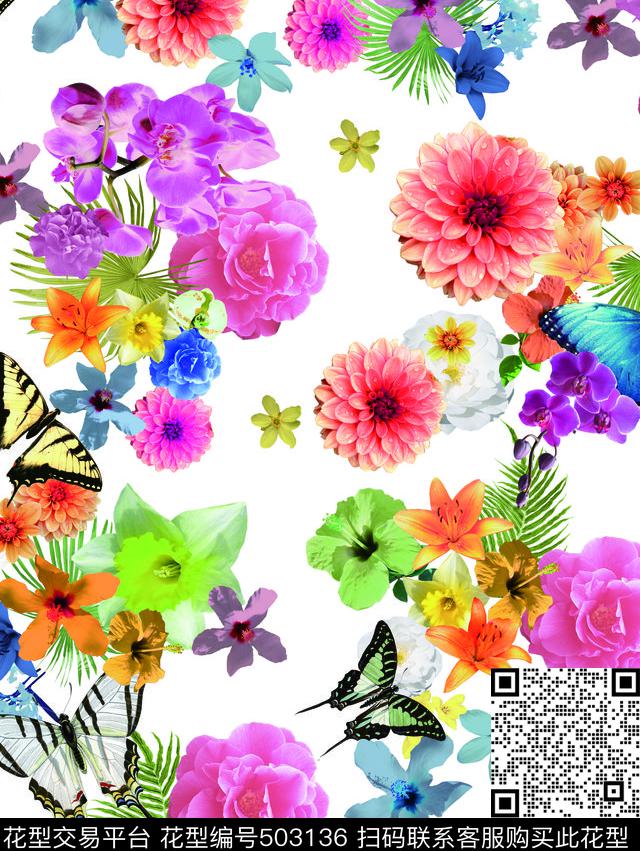 蝴蝶花卉棕树叶数码印花华亿平台下载（图片编号: 503136） - 瓦栏（Walan）