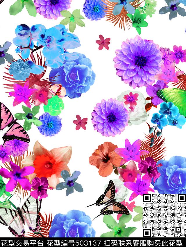 蝴蝶花卉棕树叶数码印花华亿平台下载（图片编号: 503137） - 瓦栏（Walan）