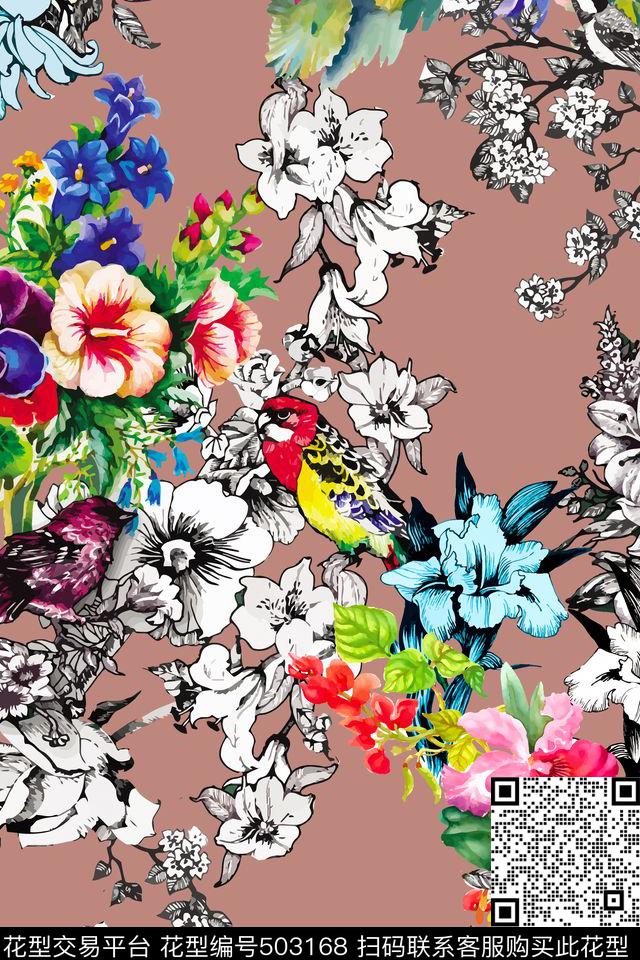 时尚水彩花卉数码印花华亿平台下载（图片编号: 503168） - 瓦栏（Walan）