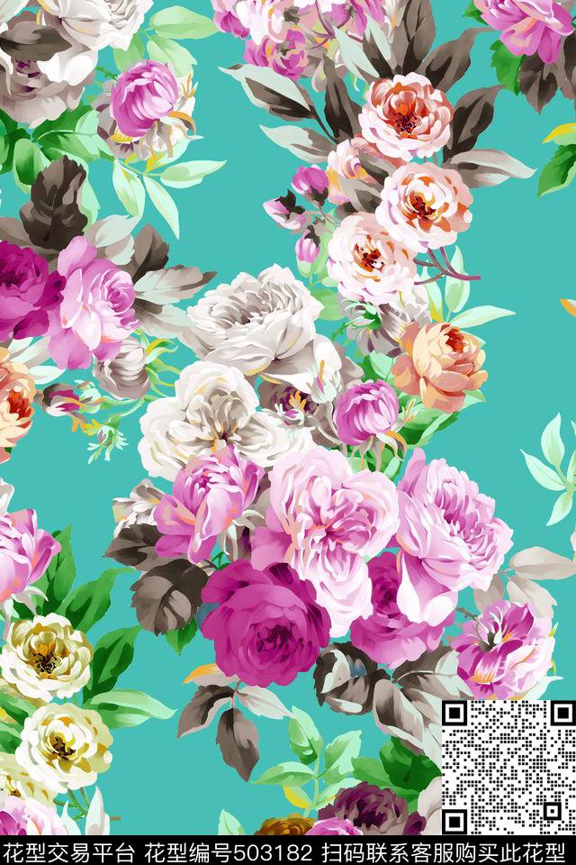 牡丹花朵时尚数码印花华亿平台下载（图片编号: 503182） - 瓦栏（Walan）