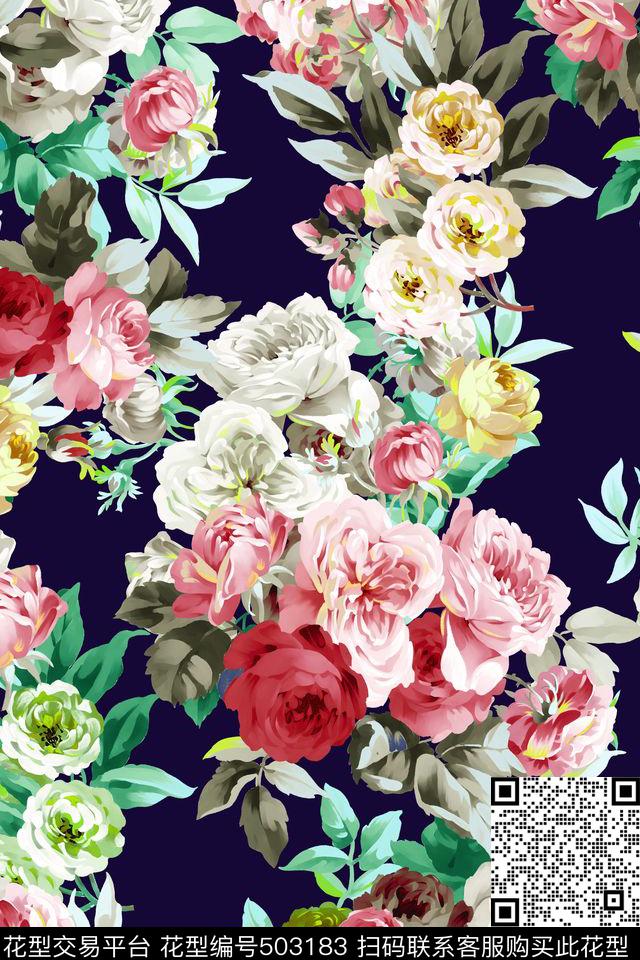 牡丹花朵时尚数码印花华亿平台下载（图片编号: 503183） - 瓦栏（Walan）