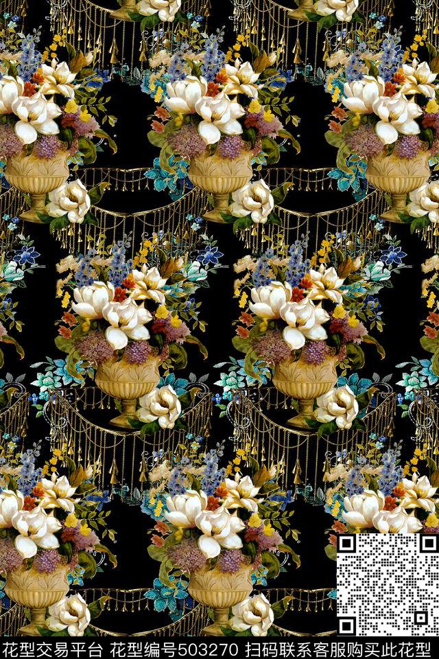 欧式花瓶民族头饰连续图案数码印花华亿平台下载（图片编号: 503270） - 瓦栏（Walan）