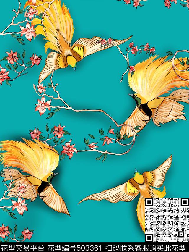 凤凰花卉手绘数码印花华亿平台下载（图片编号: 503361） - 瓦栏（Walan）