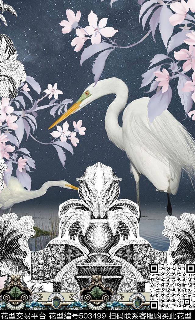 潮流时尚定位中国风花鸟数码印花华亿平台下载（图片编号: 503499） - 瓦栏（Walan）