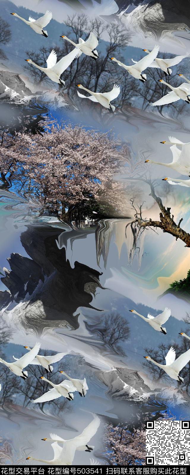 清雅鸟山水数码印花华亿平台下载（图片编号: 503541） - 瓦栏（Walan）
