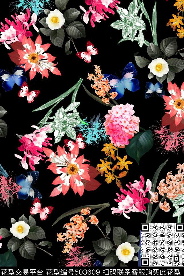 蝴蝶花卉清新小花组合数码印花华亿平台下载（图片编号: 503609） - 瓦栏（Walan）