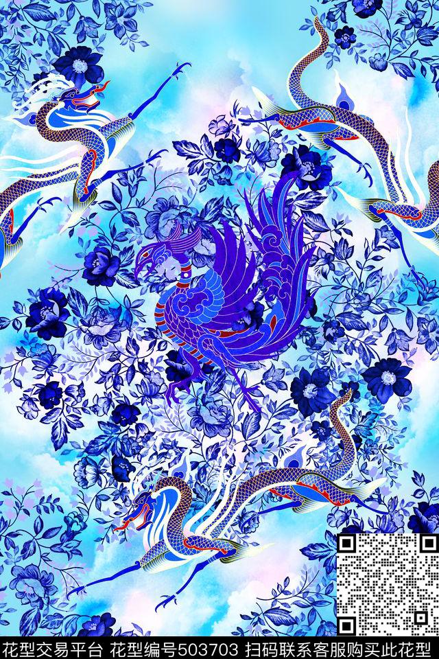 龙凤图腾中国风青花瓷数码印花华亿平台下载（图片编号: 503703） - 瓦栏（Walan）