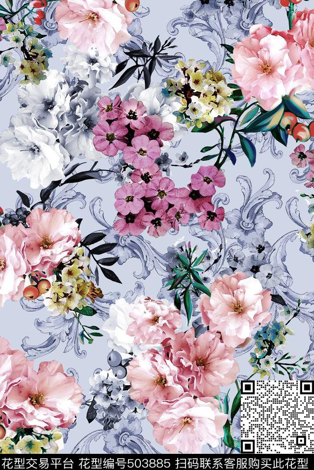 时尚手绘欧式底纹花卉女装花卉流行时尚花等数码印花华亿平台下载（图片编号: 503885） - 瓦栏（Walan）