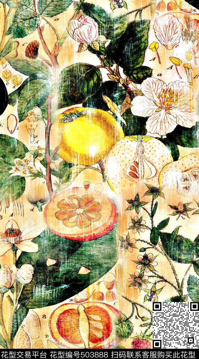 花卉拉丝笔触数码印花华亿平台下载（图片编号: 503888） - 瓦栏（Walan）