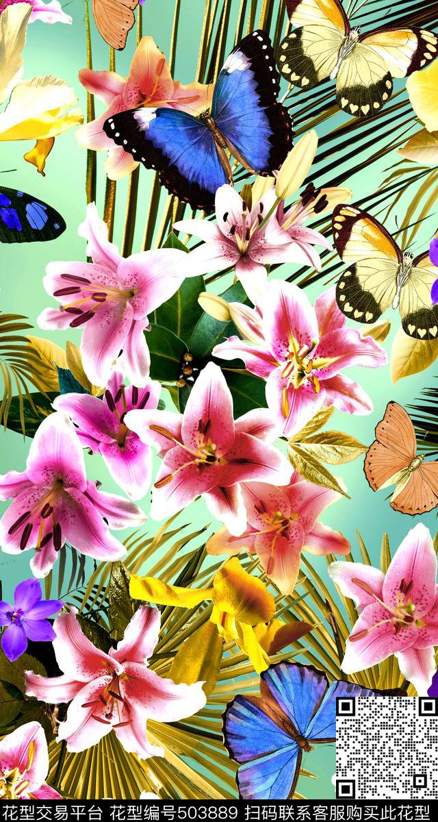 花卉蝴蝶热带数码印花华亿平台下载（图片编号: 503889） - 瓦栏（Walan）