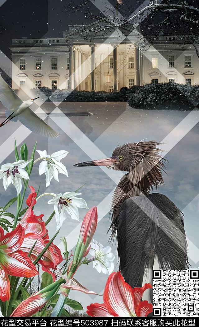 潮流时尚定位大牌花卉动物鸟数码印花华亿平台下载（图片编号: 503987） - 瓦栏（Walan）