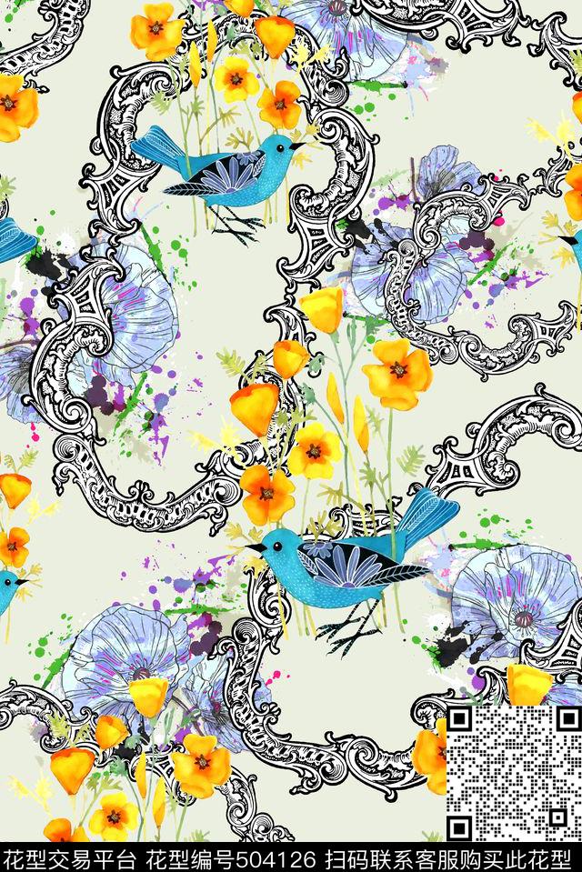 水彩花朵欧式花纹数码印花华亿平台下载（图片编号: 504126） - 瓦栏（Walan）