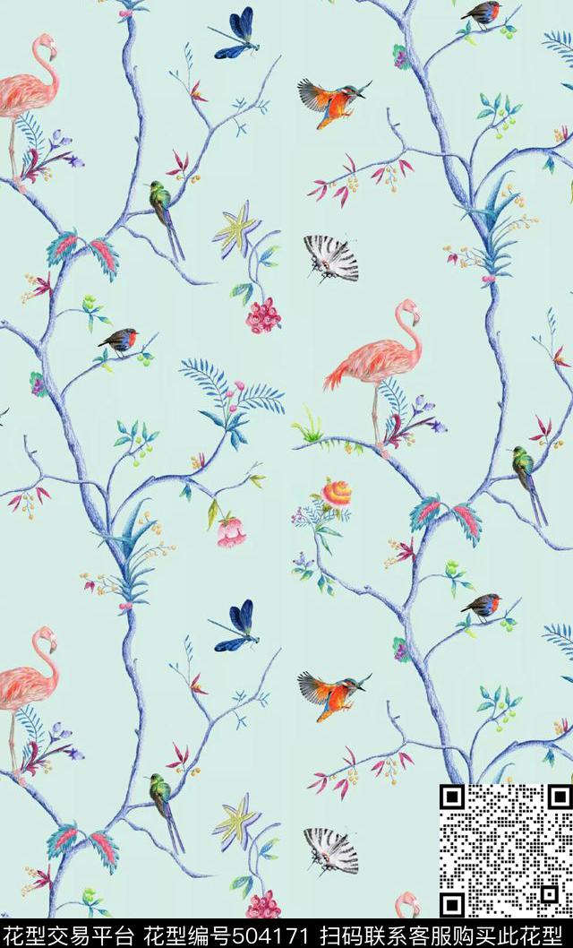 清新花鸟树木数码印花华亿平台下载（图片编号: 504171） - 瓦栏（Walan）