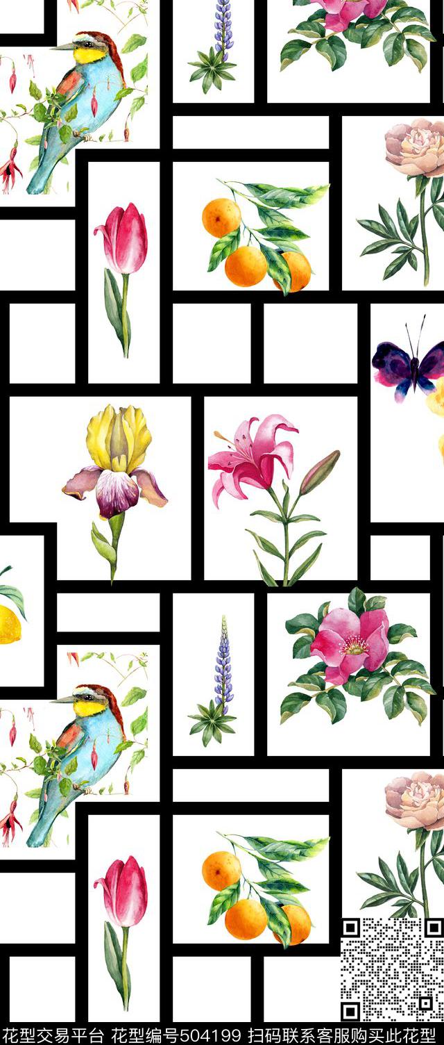 格子花卉鸟数码印花华亿平台下载（图片编号: 504199） - 瓦栏（Walan）