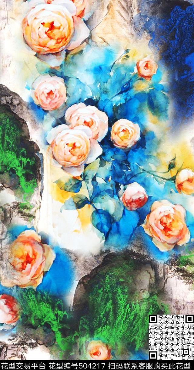 MAX-中国风民族风山水玫瑰数码印花华亿平台下载（图片编号: 504217） - 瓦栏（Walan）
