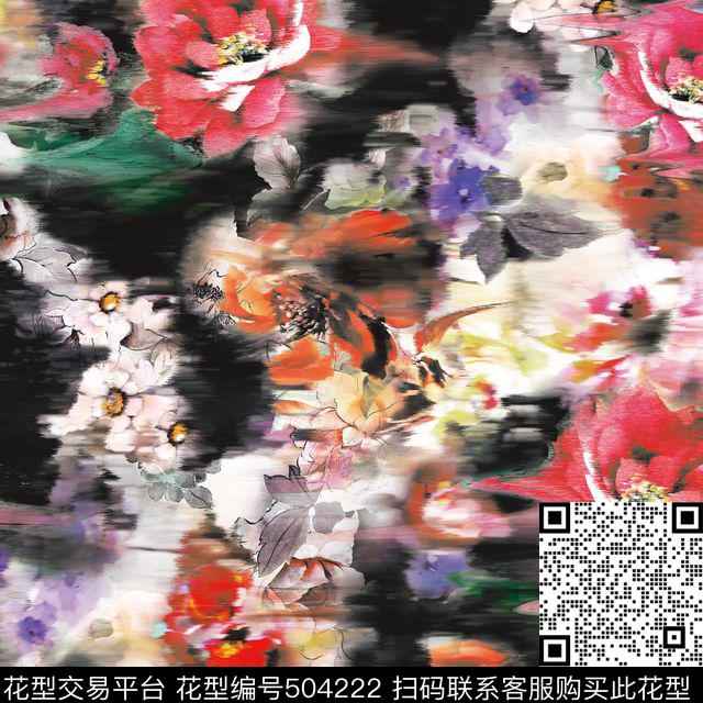 花卉抽象水墨数码印花华亿平台下载（图片编号: 504222） - 瓦栏（Walan）