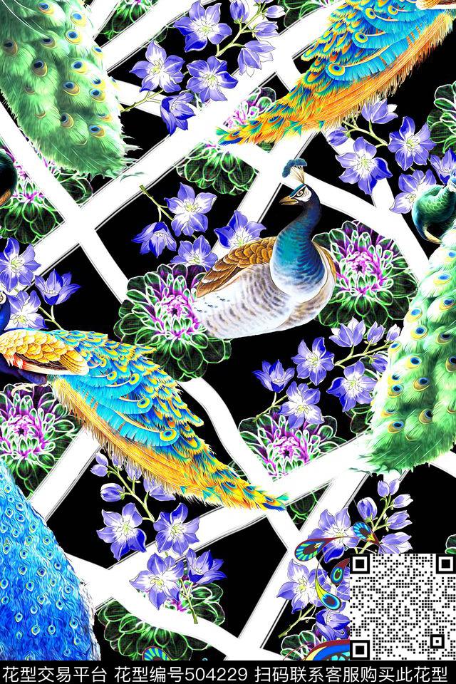 花卉孔雀抽象数码印花华亿平台下载（图片编号: 504229） - 瓦栏（Walan）