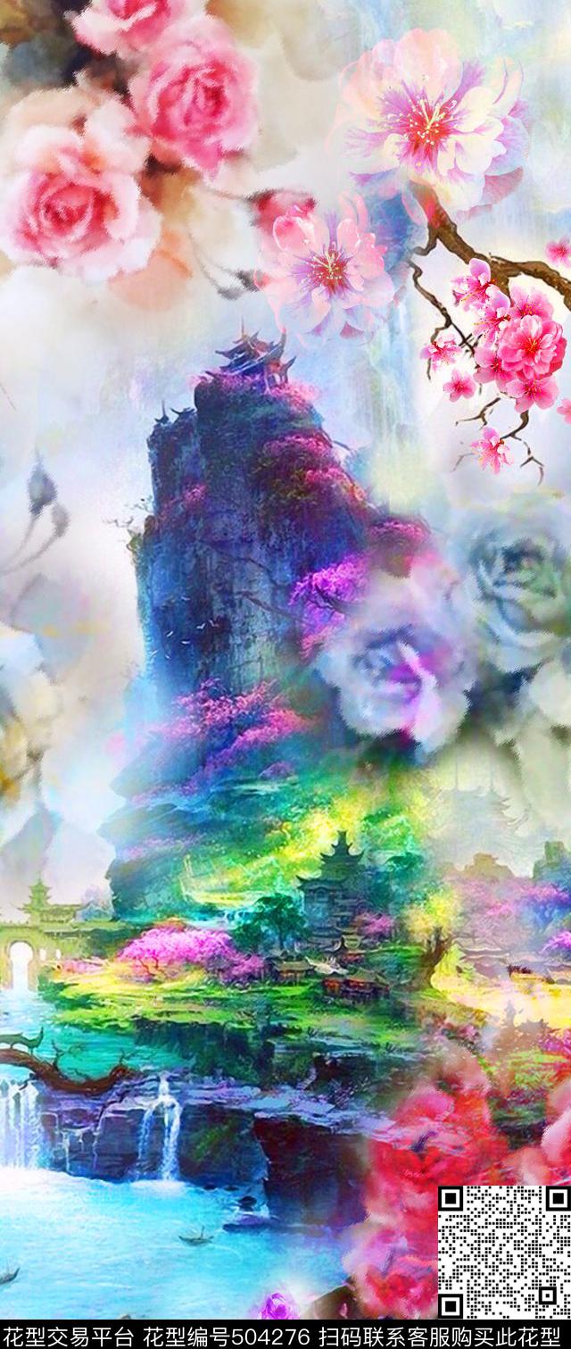 MAX-中国风民族风水墨山庄数码印花华亿平台下载（图片编号: 504276） - 瓦栏（Walan）