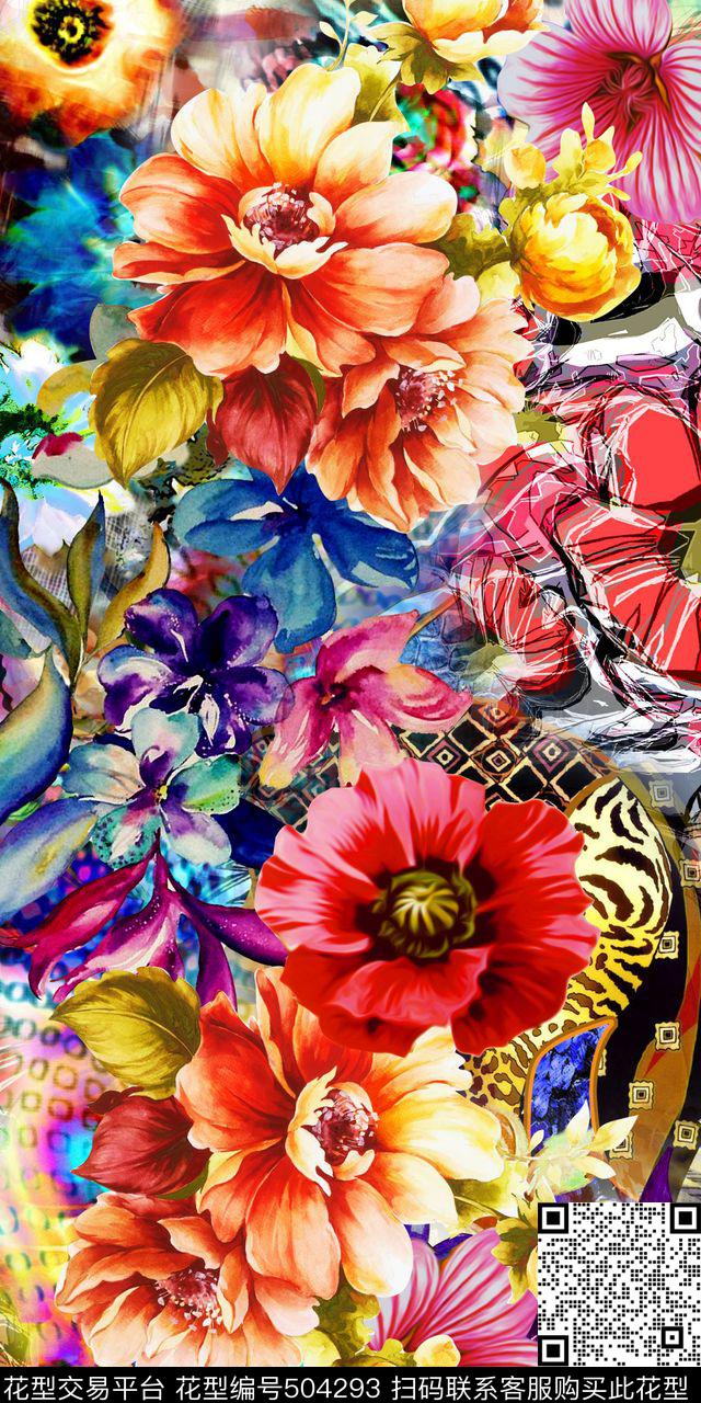 大气手绘多彩数码绚丽抽象组合花卉数码印花华亿平台下载（图片编号: 504293） - 瓦栏（Walan）