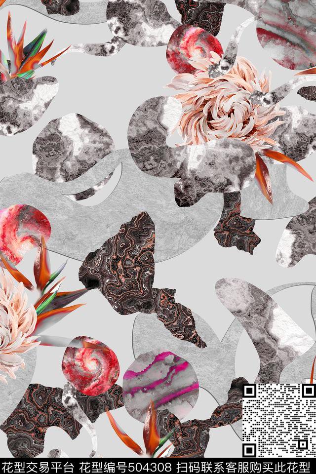 抽象大理石纹理鹤望兰花数码印花华亿平台下载（图片编号: 504308） - 瓦栏（Walan）