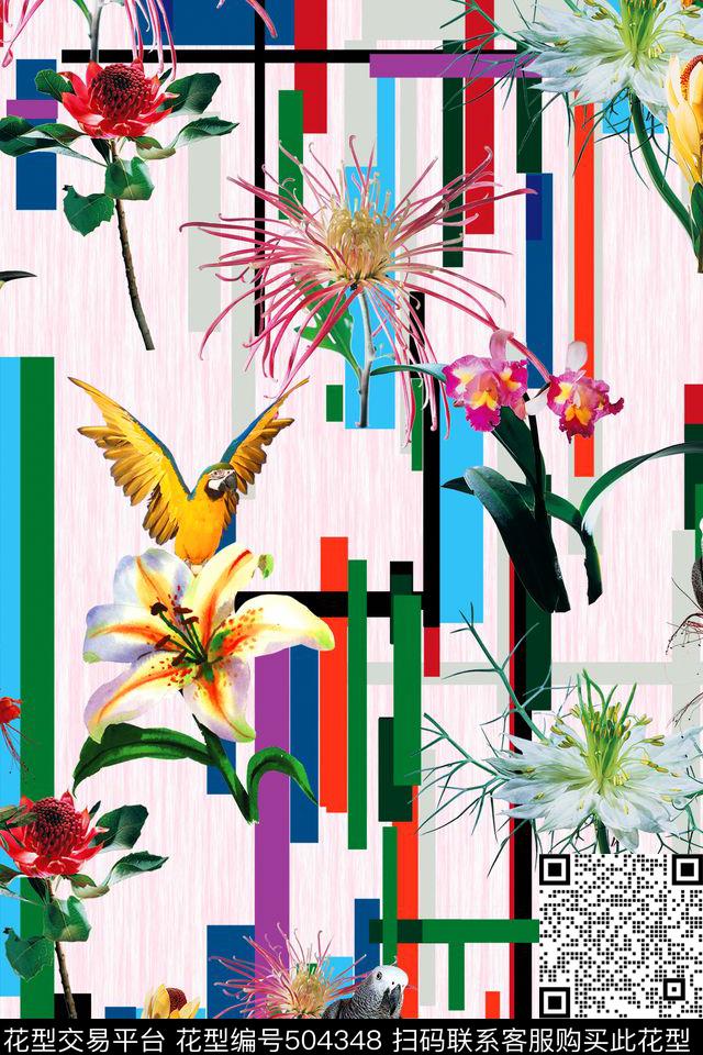 鹦鹉花卉热带数码印花华亿平台下载（图片编号: 504348） - 瓦栏（Walan）