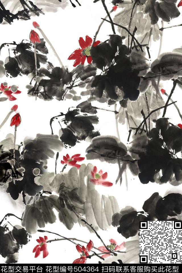 国画写意荷花数码印花华亿平台下载（图片编号: 504364） - 瓦栏（Walan）