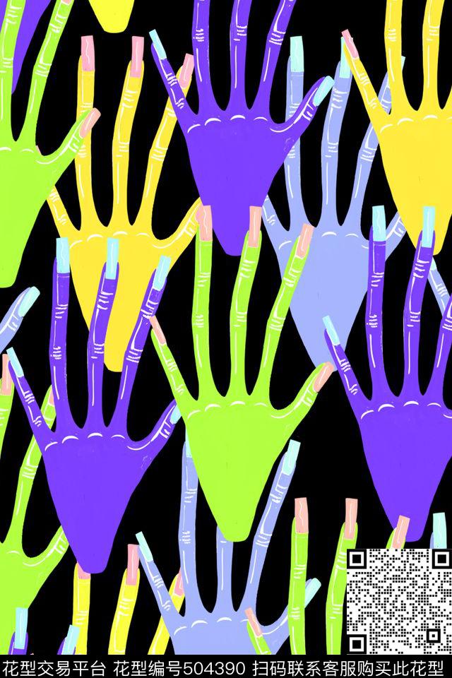 手绘黑底波普数码印花华亿平台下载（图片编号: 504390） - 瓦栏（Walan）