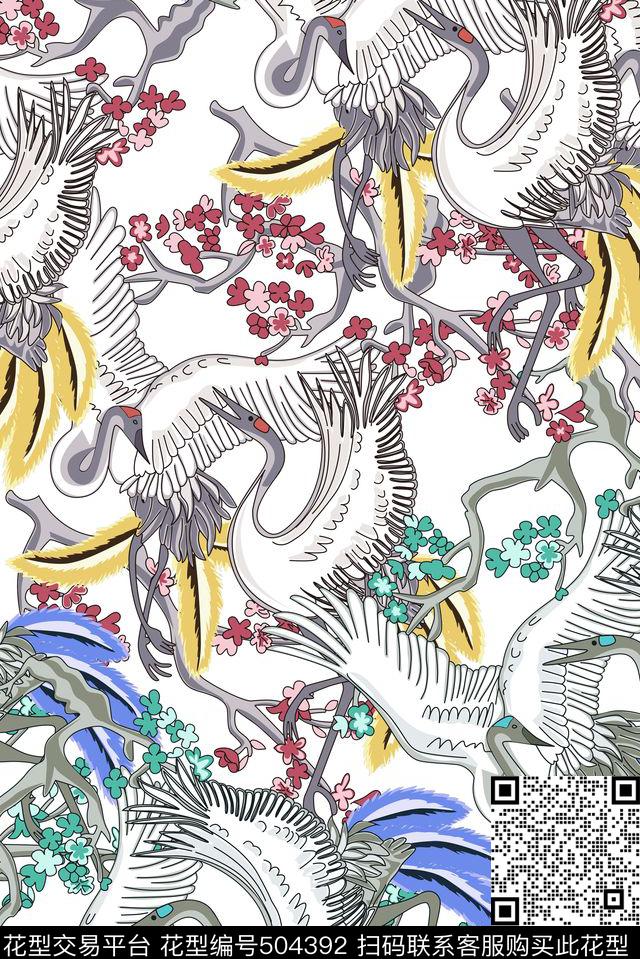 梅花时尚仙鹤传统印花华亿平台下载（图片编号: 504392） - 瓦栏（Walan）