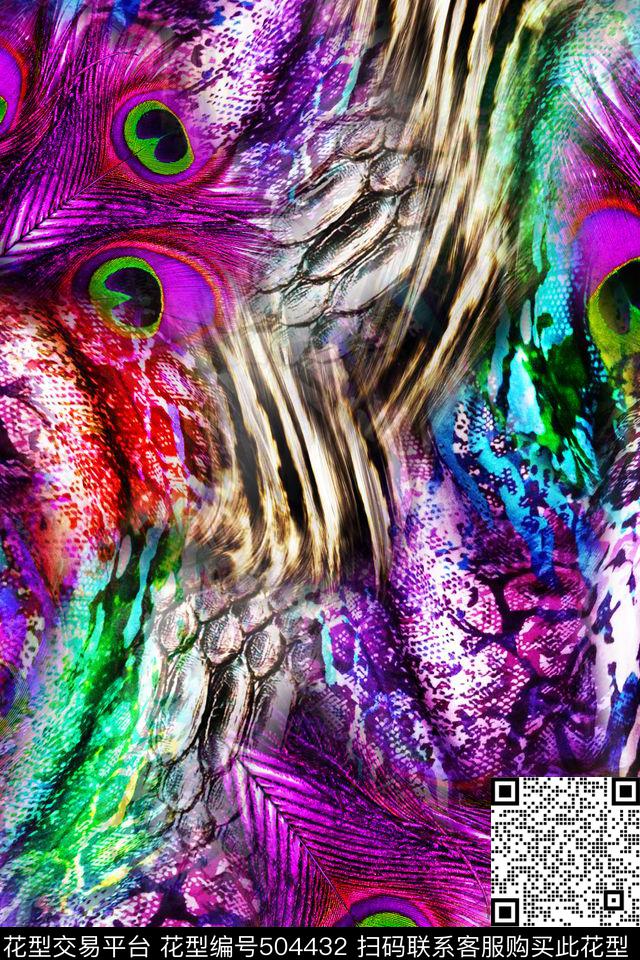 时尚华亿平台蛇纹羽毛数码印花华亿平台下载（图片编号: 504432） - 瓦栏（Walan）