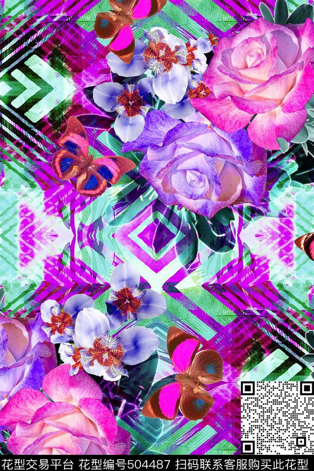 潮流大气花卉数码印花华亿平台下载（图片编号: 504487） - 瓦栏（Walan）