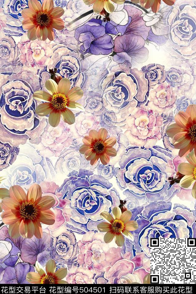花卉素雅手绘数码印花华亿平台下载（图片编号: 504501） - 瓦栏（Walan）