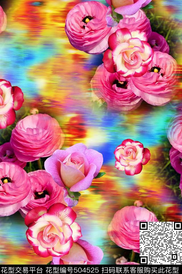 粉色花卉炫彩底纹时尚大牌数码印花华亿平台下载（图片编号: 504525） - 瓦栏（Walan）