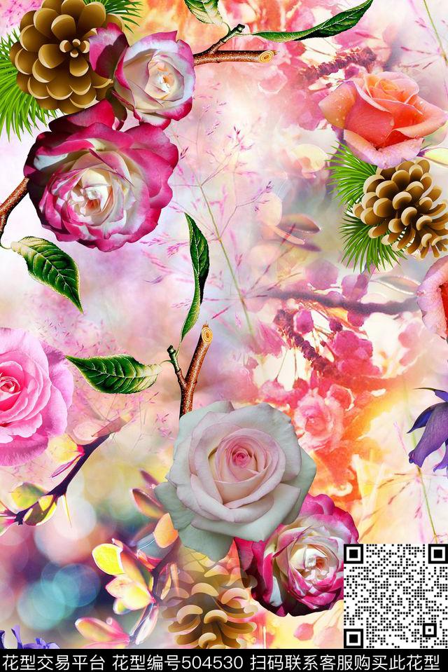 清新松果花卉数码印花华亿平台下载（图片编号: 504530） - 瓦栏（Walan）