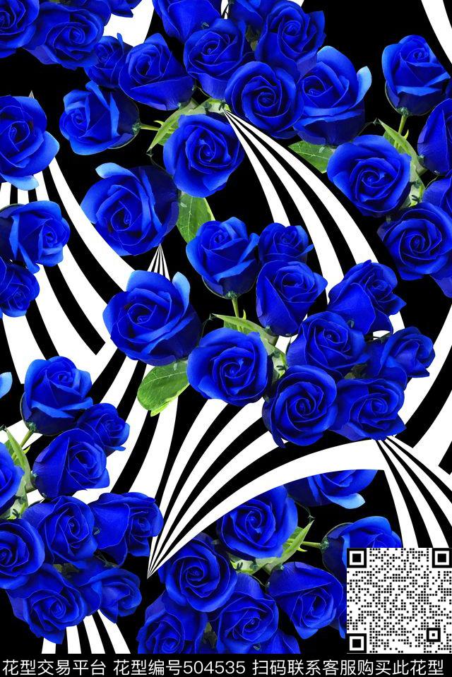 时尚花卉黑白条纹数码印花华亿平台下载（图片编号: 504535） - 瓦栏（Walan）
