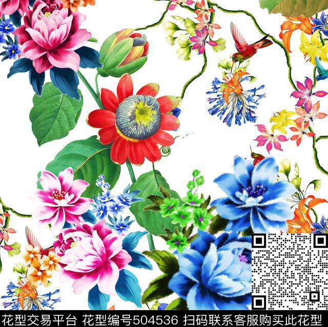 流行时尚手绘花鸟印花欧美数码印花华亿平台下载（图片编号: 504536） - 瓦栏（Walan）