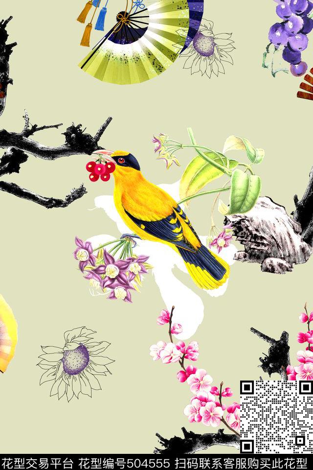 中国风扇子小鸟数码印花华亿平台下载（图片编号: 504555） - 瓦栏（Walan）