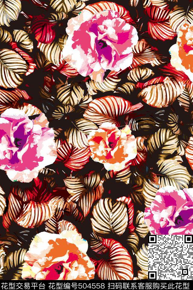 花卉散花叶子数码印花华亿平台下载（图片编号: 504558） - 瓦栏（Walan）