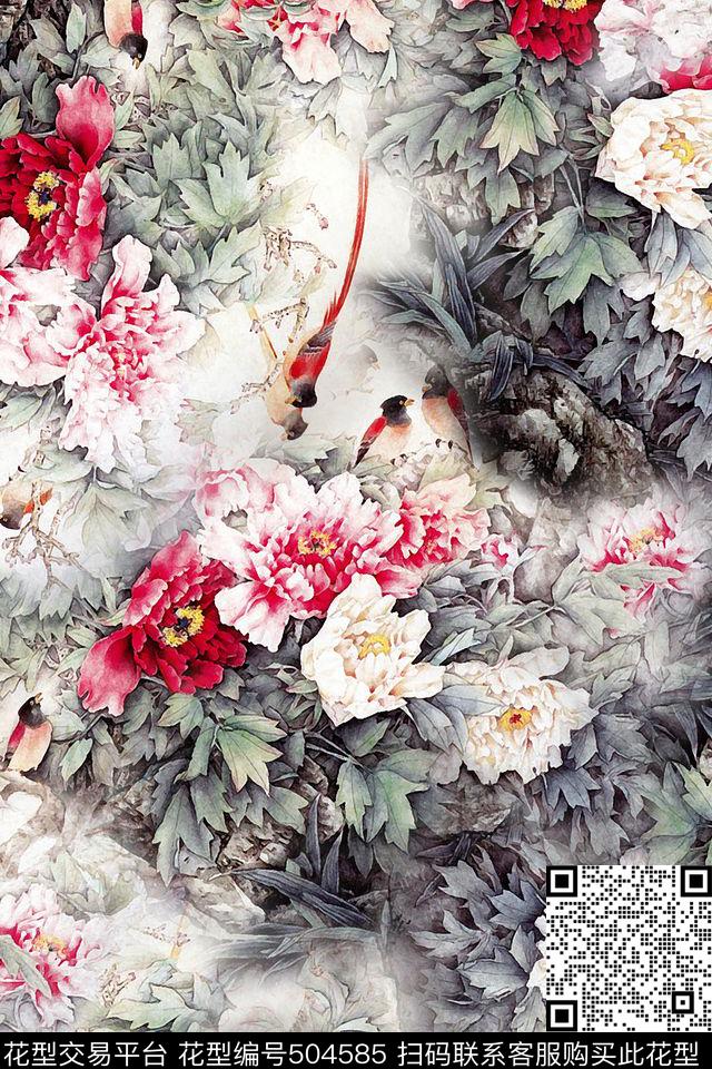 工笔牡丹花旗袍丝绸华亿平台中国风数码印花华亿平台下载（图片编号: 504585） - 瓦栏（Walan）