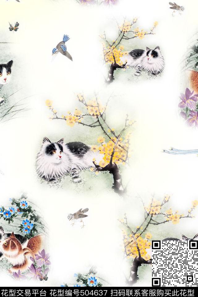 中国风小猫国画花鸟数码印花华亿平台下载（图片编号: 504637） - 瓦栏（Walan）