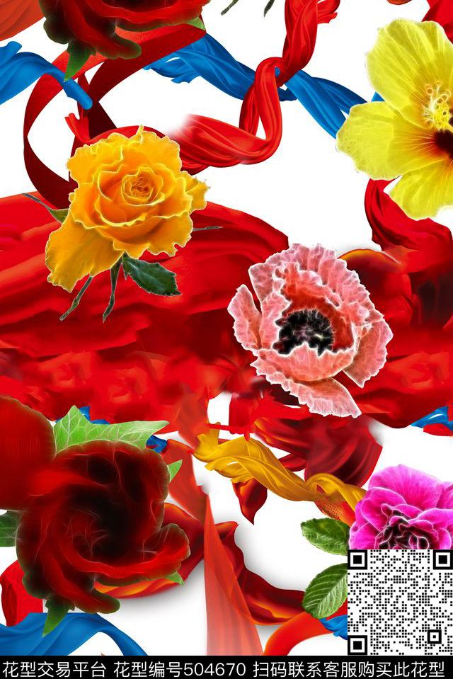 飘逸彩带花卉数码印花华亿平台下载（图片编号: 504670） - 瓦栏（Walan）