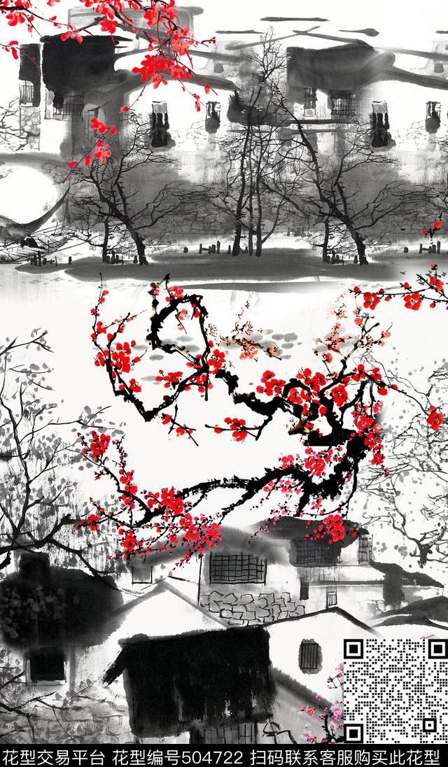 数码定位水墨风景花卉花卉数码印花华亿平台下载（图片编号: 504722） - 瓦栏（Walan）